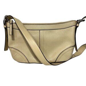 Coach Beige Pebbled Leather Crossbody Bag With Purple Lining & Adjustable Strap